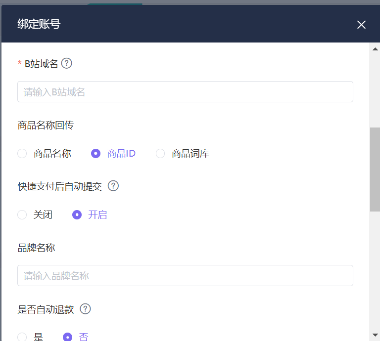 B站域名填写，商品名称回传有三种方式可选，选择是否开启快捷支付后自动提交，品牌名称填写，是否设置自动退款
